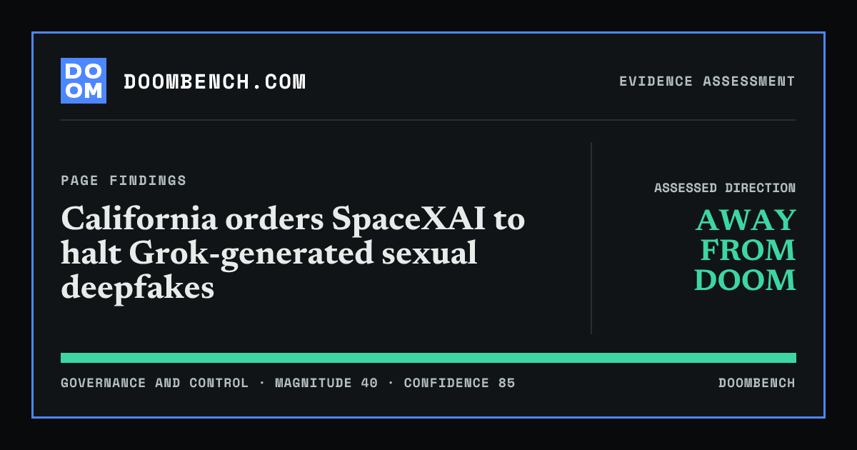 DoomBench social sharing card for California orders SpaceXAI to halt Grok-generated sexual deepfakes.
