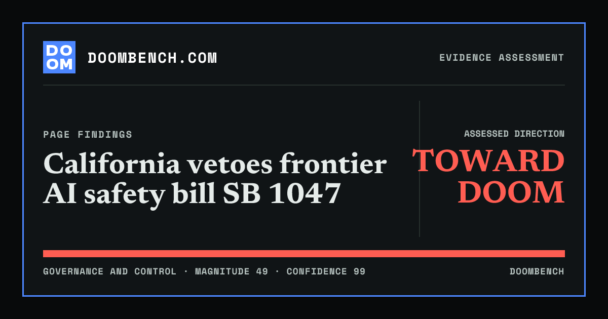 DoomBench social sharing card for California vetoes frontier AI safety bill SB 1047.