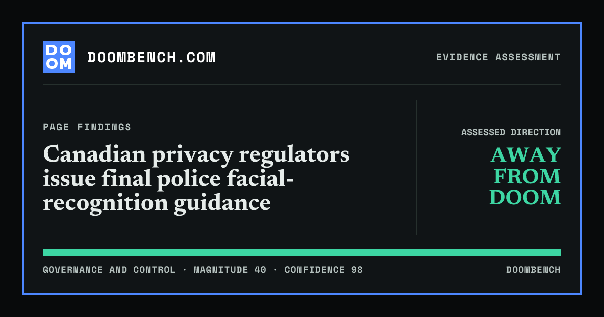 DoomBench social sharing card for Canadian privacy regulators issue final police facial-recognition guidance.