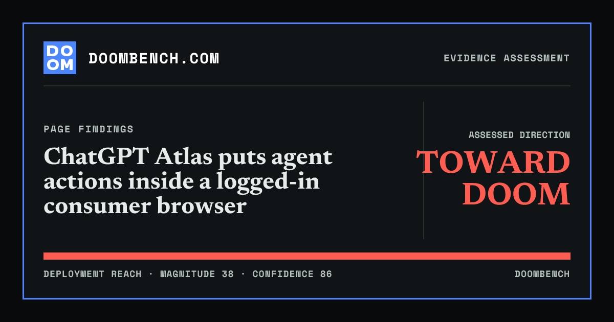 DoomBench social sharing card for ChatGPT Atlas puts agent actions inside a logged-in consumer browser.