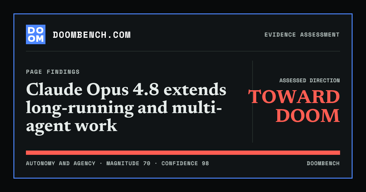 DoomBench social sharing card for Claude Opus 4.8 extends long-running and multi-agent work.