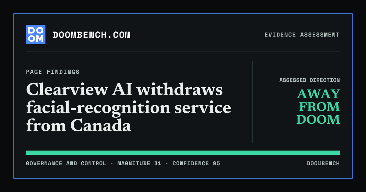DoomBench social sharing card for Clearview AI withdraws facial-recognition service from Canada.