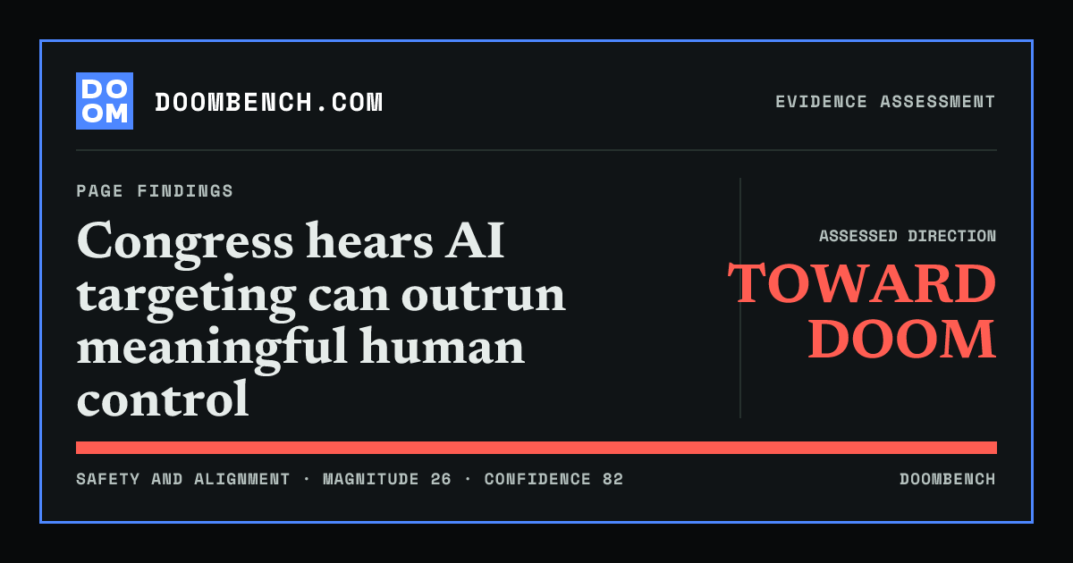 DoomBench social sharing card for Congress hears AI targeting can outrun meaningful human control.