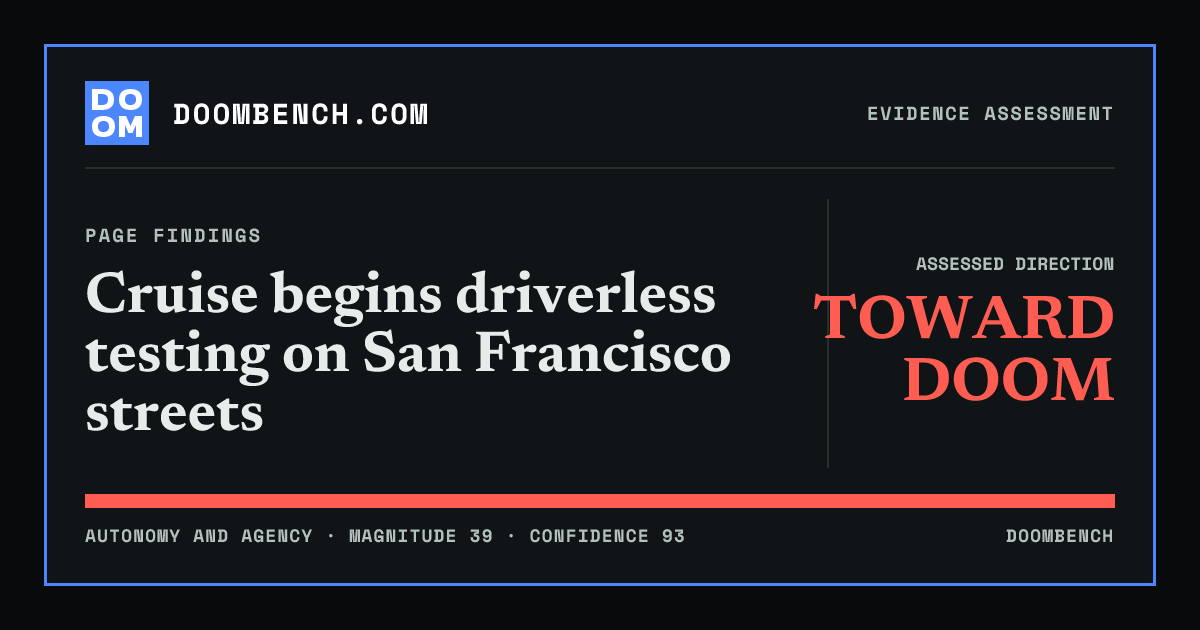 DoomBench social sharing card for Cruise begins driverless testing on San Francisco streets.