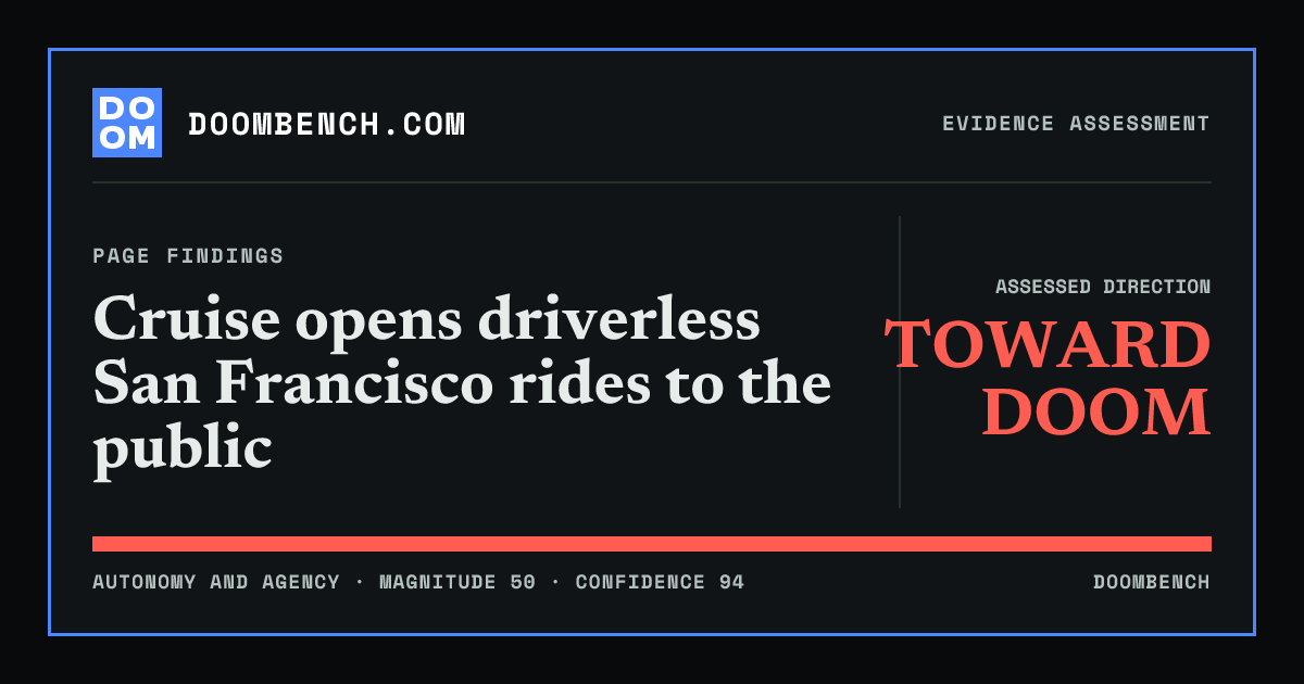 DoomBench social sharing card for Cruise opens driverless San Francisco rides to the public.