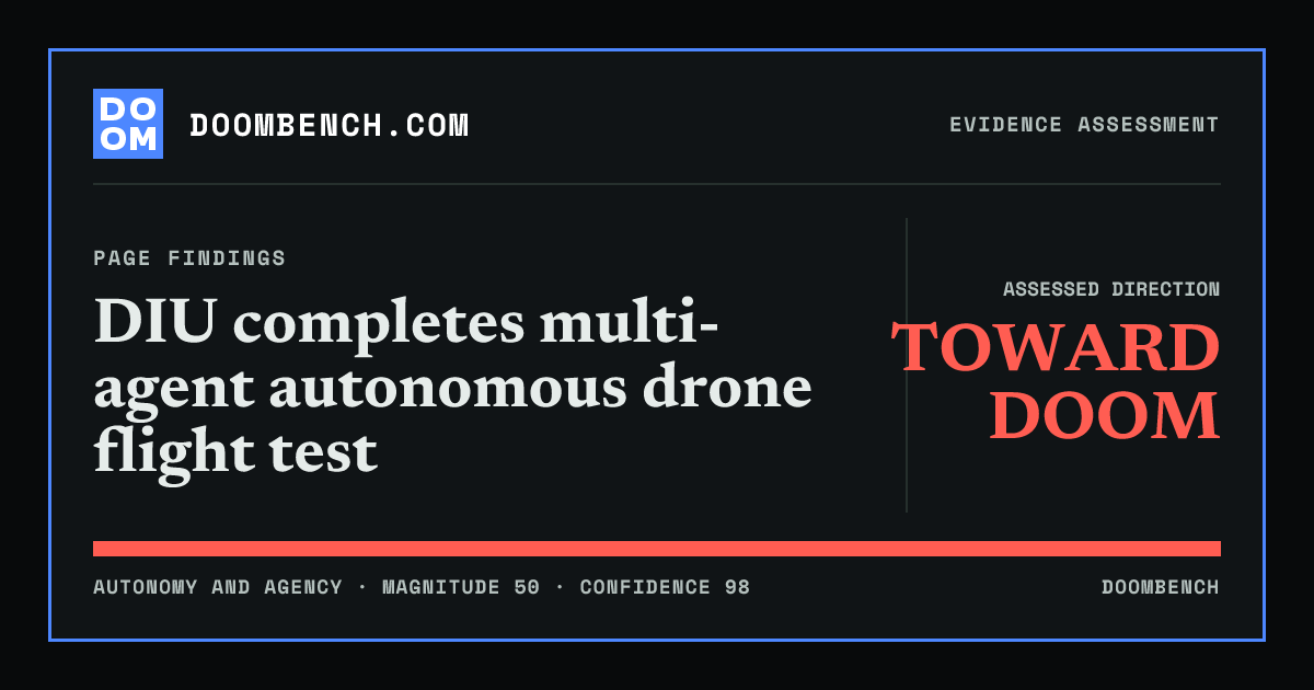 DoomBench social sharing card for DIU completes multi-agent autonomous drone flight test.