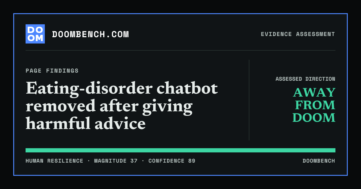 DoomBench social sharing card for Eating-disorder chatbot removed after giving harmful advice.