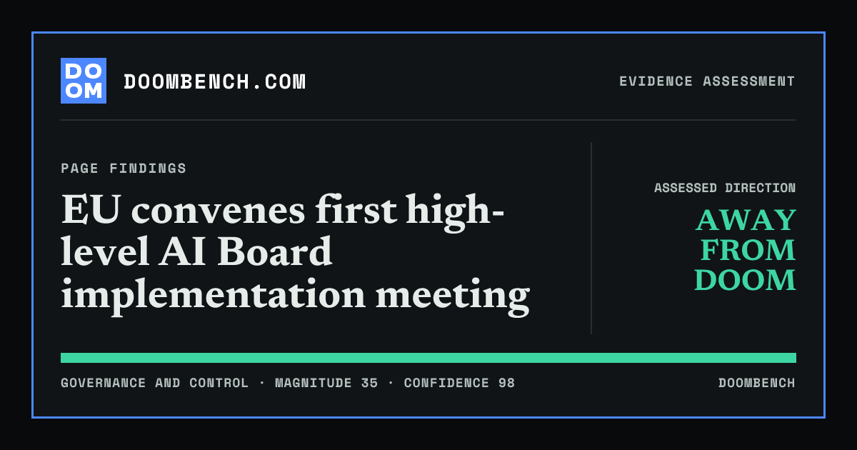 DoomBench social sharing card for EU convenes first high-level AI Board implementation meeting.