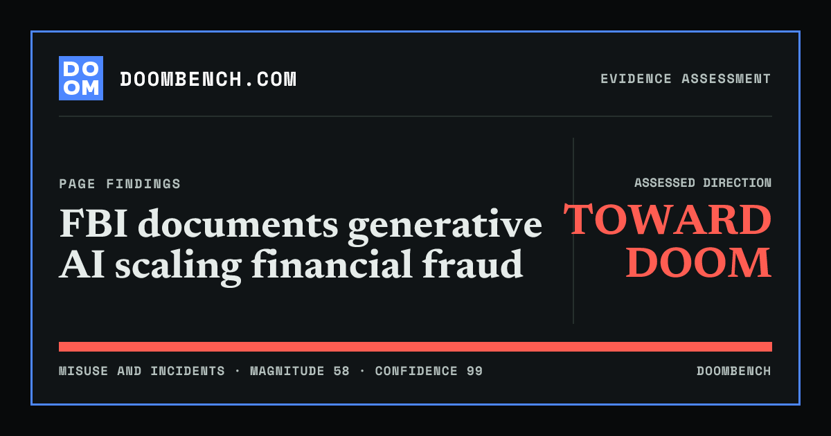 DoomBench social sharing card for FBI documents generative AI scaling financial fraud.