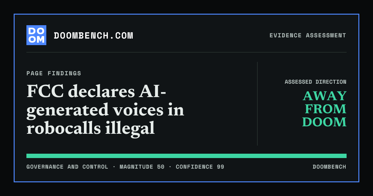 DoomBench social sharing card for FCC declares AI-generated voices in robocalls illegal.