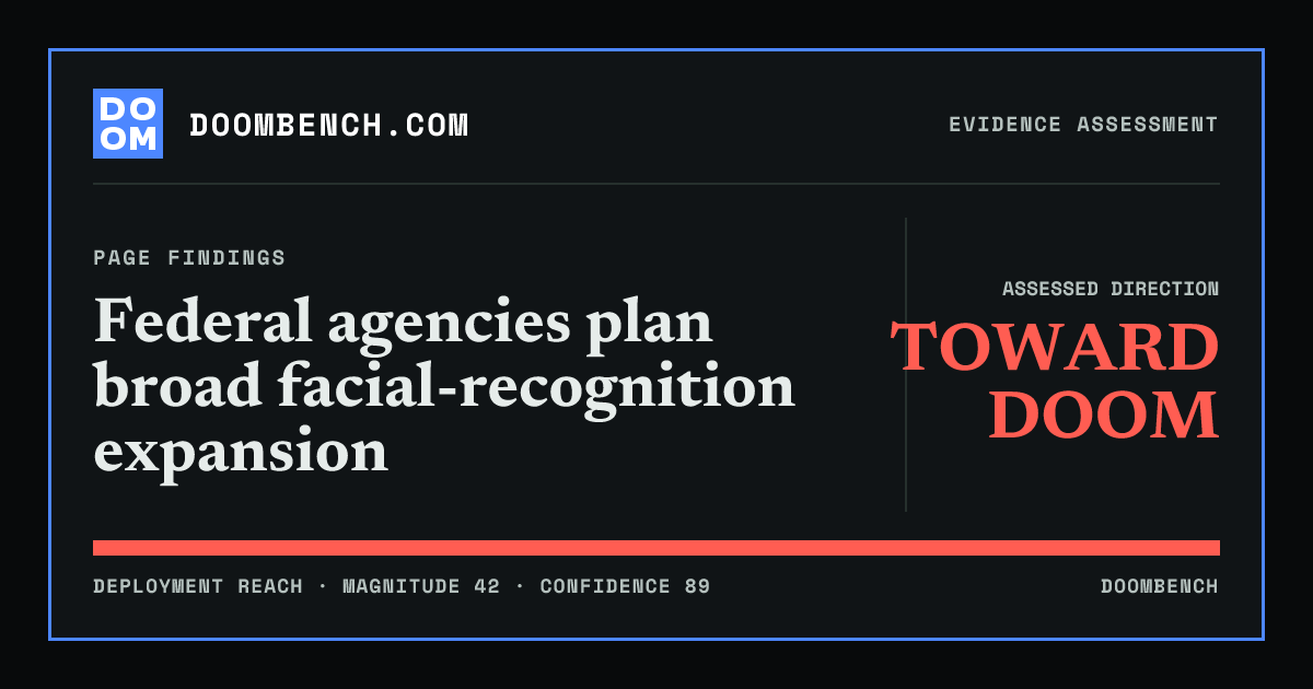 DoomBench social sharing card for Federal agencies plan broad facial-recognition expansion.