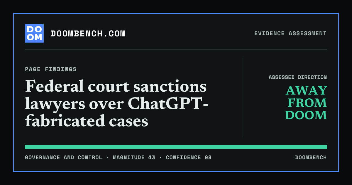 DoomBench social sharing card for Federal court sanctions lawyers over ChatGPT-fabricated cases.