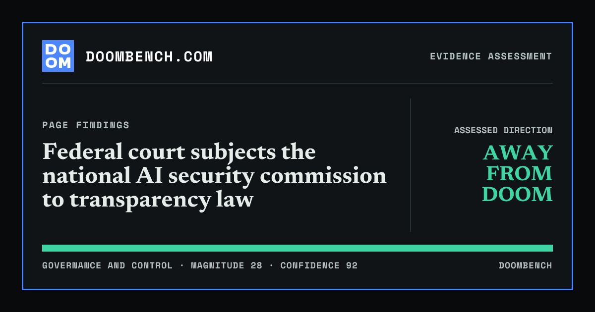 DoomBench social sharing card for Federal court subjects the national AI security commission to transparency law.
