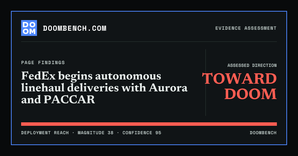 DoomBench social sharing card for FedEx begins autonomous linehaul deliveries with Aurora and PACCAR.