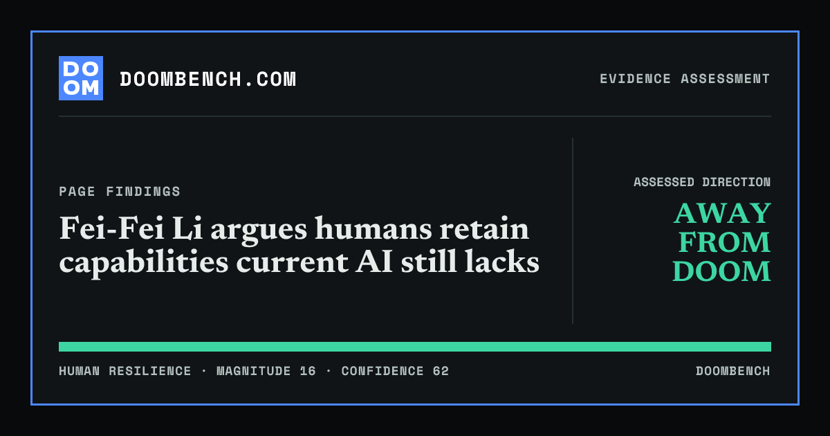 DoomBench social sharing card for Fei-Fei Li argues humans retain capabilities current AI still lacks.