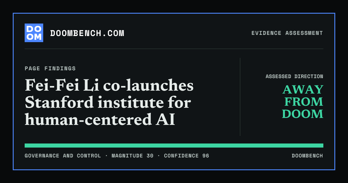DoomBench social sharing card for Fei-Fei Li co-launches Stanford institute for human-centered AI.