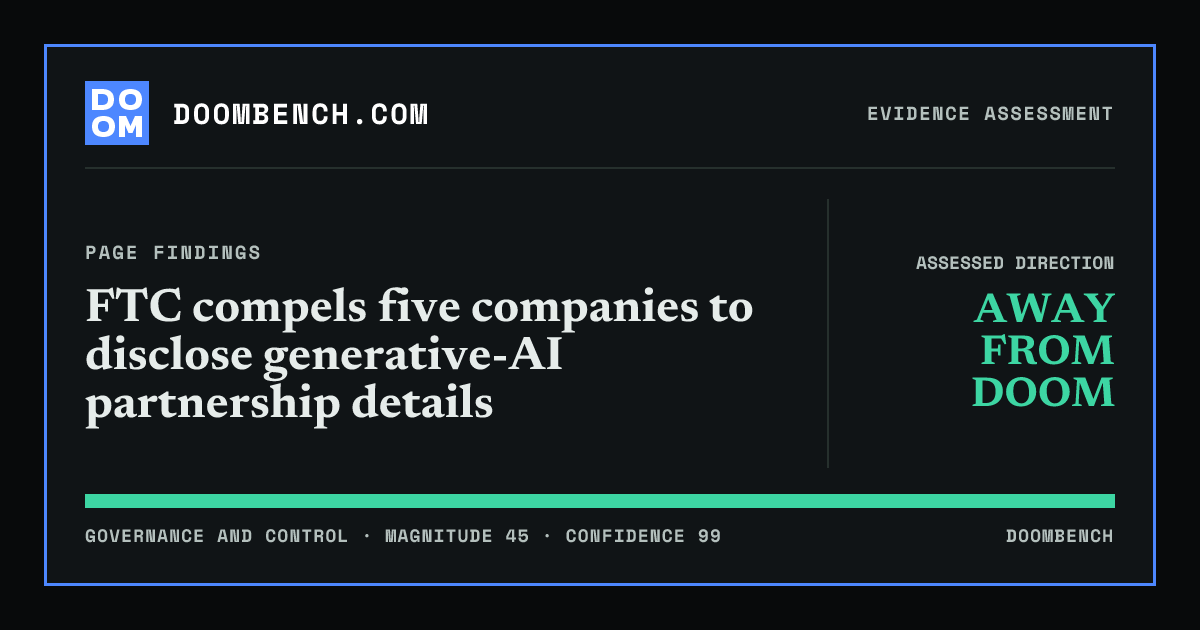 DoomBench social sharing card for FTC compels five companies to disclose generative-AI partnership details.
