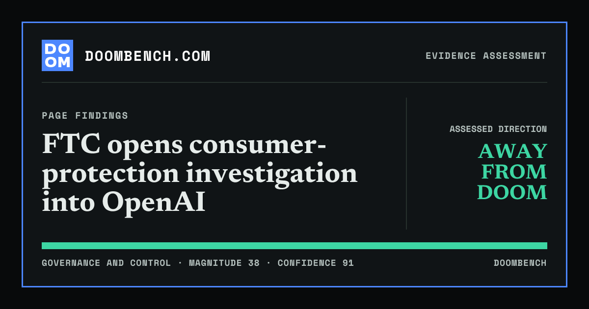 DoomBench social sharing card for FTC opens consumer-protection investigation into OpenAI.