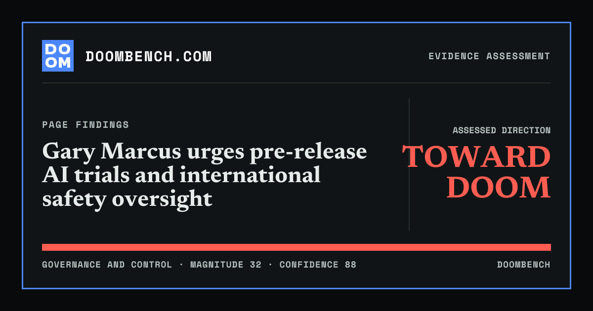 DoomBench social sharing card for Gary Marcus urges pre-release AI trials and international safety oversight.