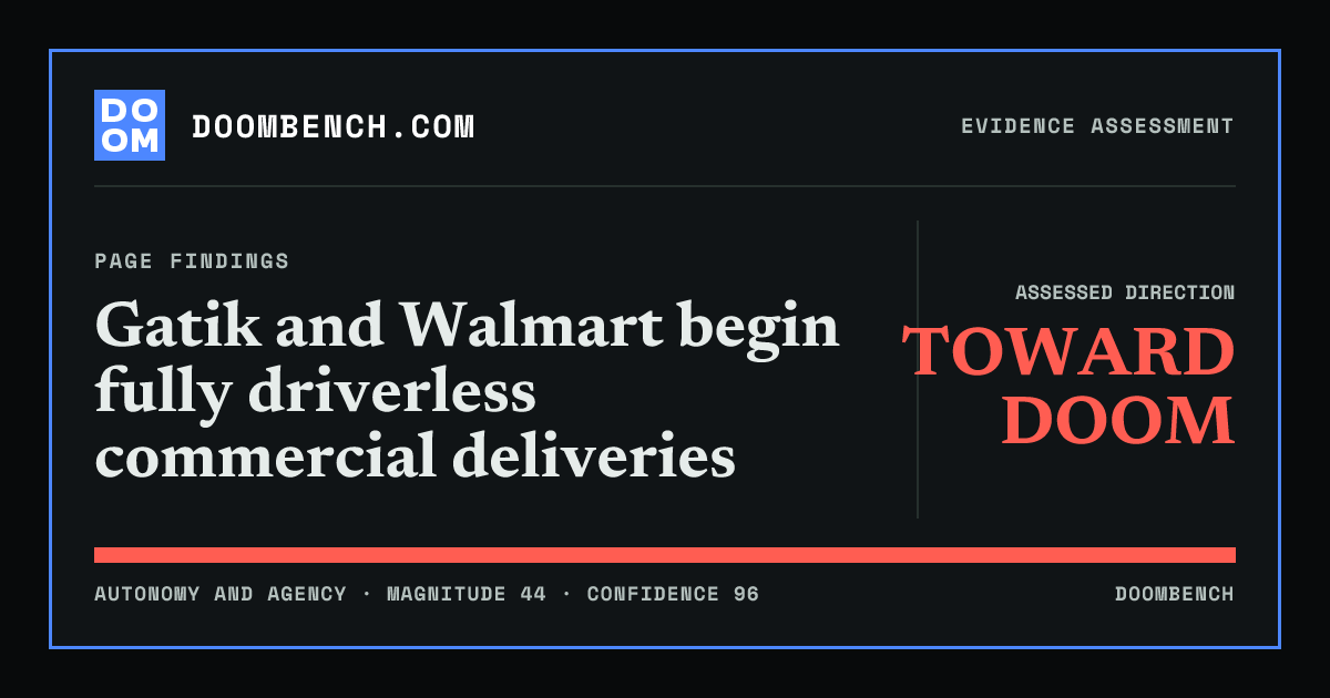 DoomBench social sharing card for Gatik and Walmart begin fully driverless commercial deliveries.