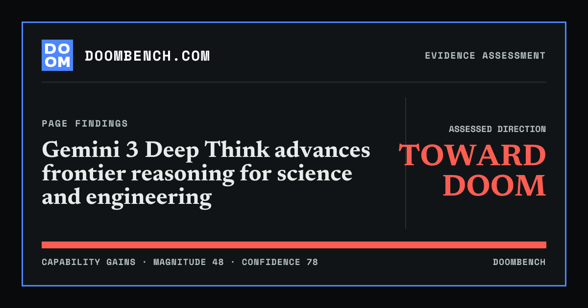 DoomBench social sharing card for Gemini 3 Deep Think advances frontier reasoning for science and engineering.