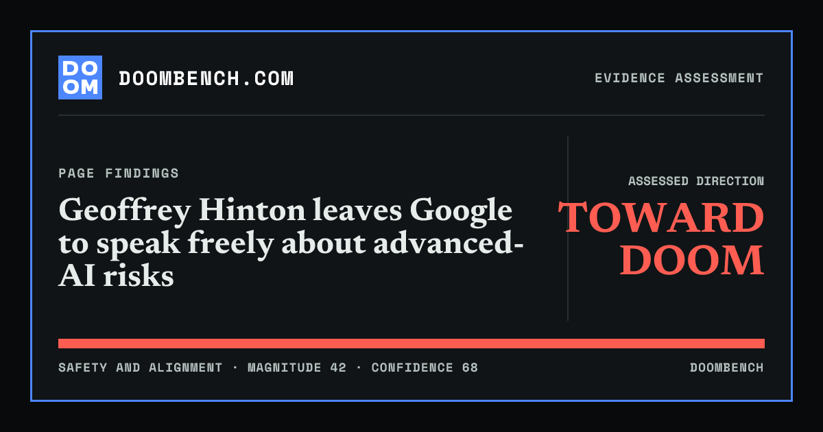 DoomBench social sharing card for Geoffrey Hinton leaves Google to speak freely about advanced-AI risks.