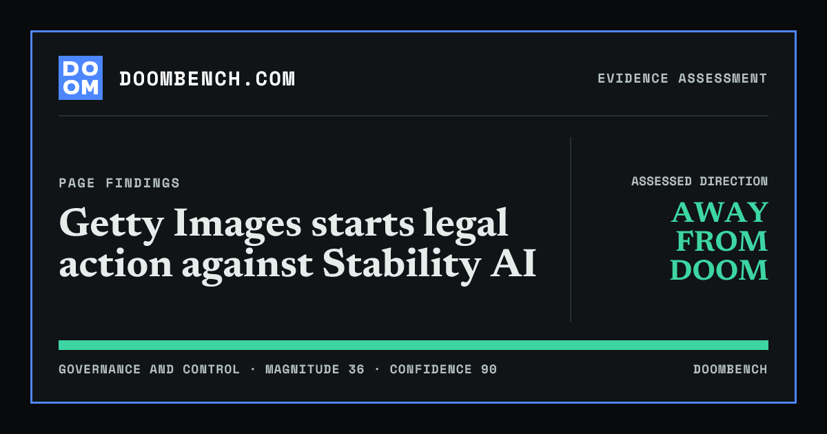 DoomBench social sharing card for Getty Images starts legal action against Stability AI.
