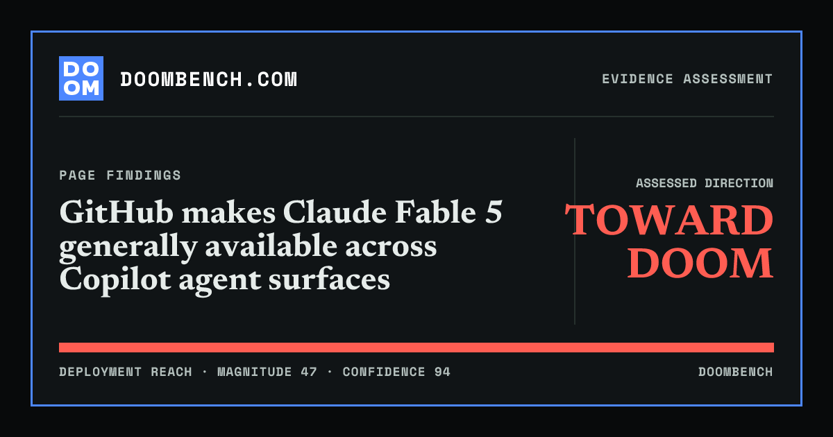 DoomBench social sharing card for GitHub makes Claude Fable 5 generally available across Copilot agent surfaces.