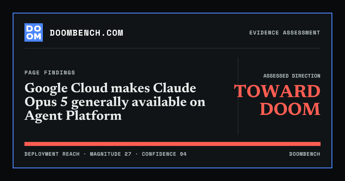 DoomBench social sharing card for Google Cloud makes Claude Opus 5 generally available on Agent Platform.