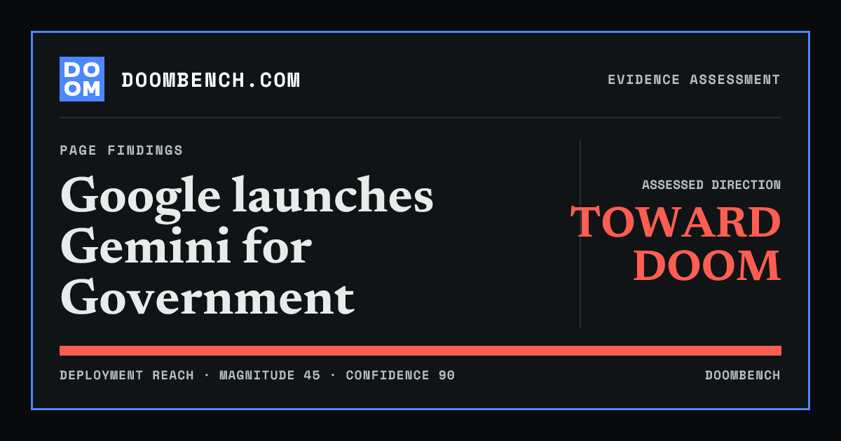 DoomBench social sharing card for Google launches Gemini for Government.