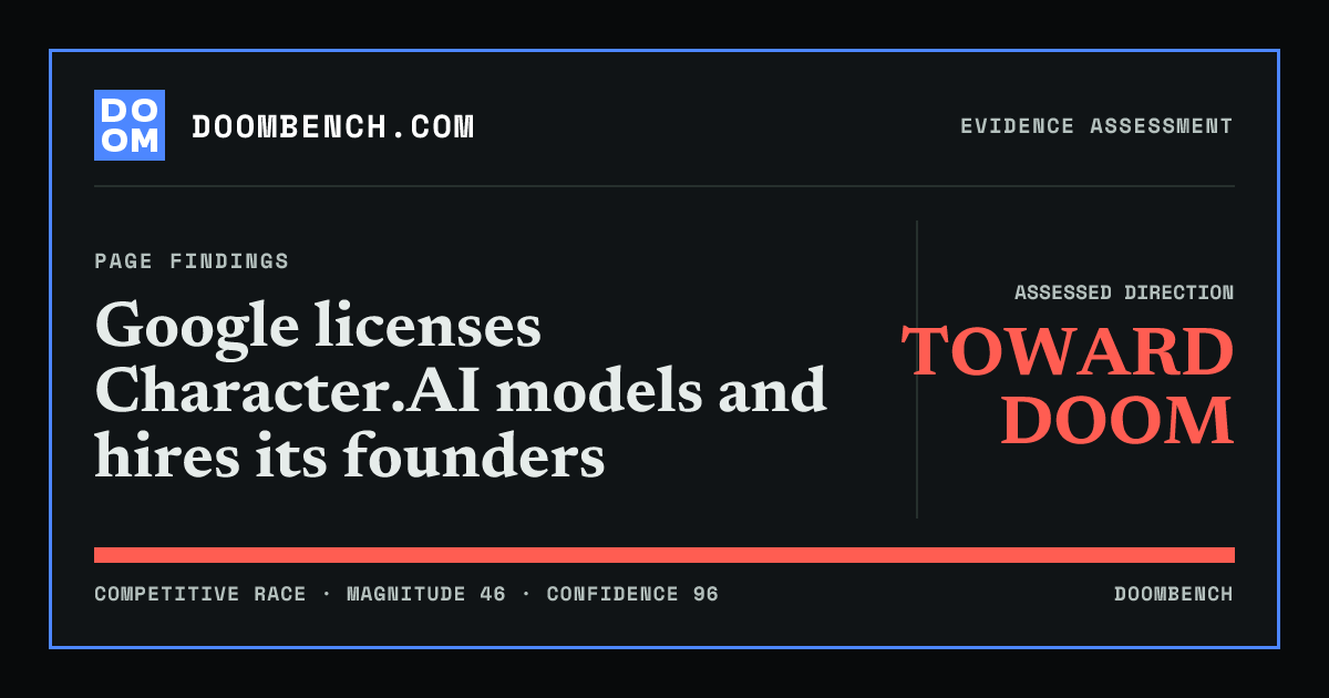 DoomBench social sharing card for Google licenses Character.AI models and hires its founders.