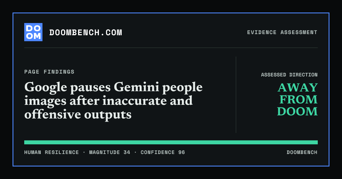 DoomBench social sharing card for Google pauses Gemini people images after inaccurate and offensive outputs.