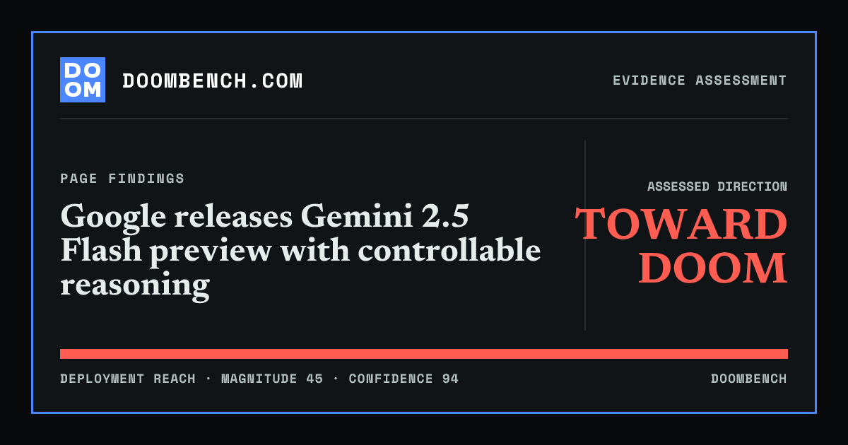 DoomBench social sharing card for Google releases Gemini 2.5 Flash preview with controllable reasoning.