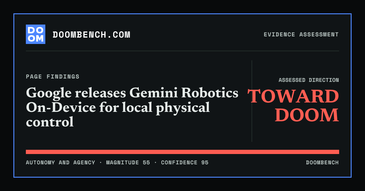 DoomBench social sharing card for Google releases Gemini Robotics On-Device for local physical control.