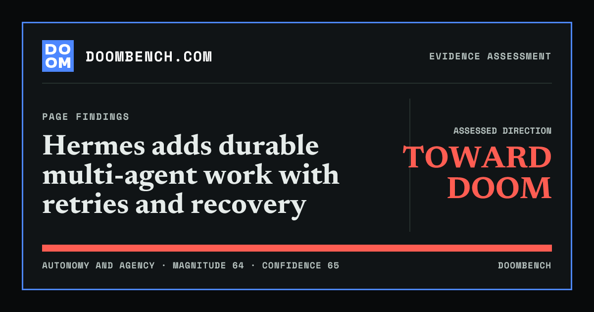 DoomBench social sharing card for Hermes adds durable multi-agent work with retries and recovery.