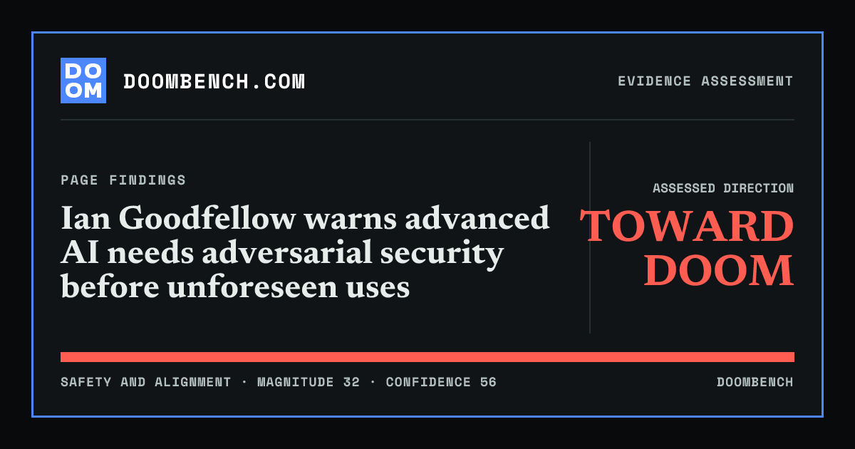 DoomBench social sharing card for Ian Goodfellow warns advanced AI needs adversarial security before unforeseen uses.