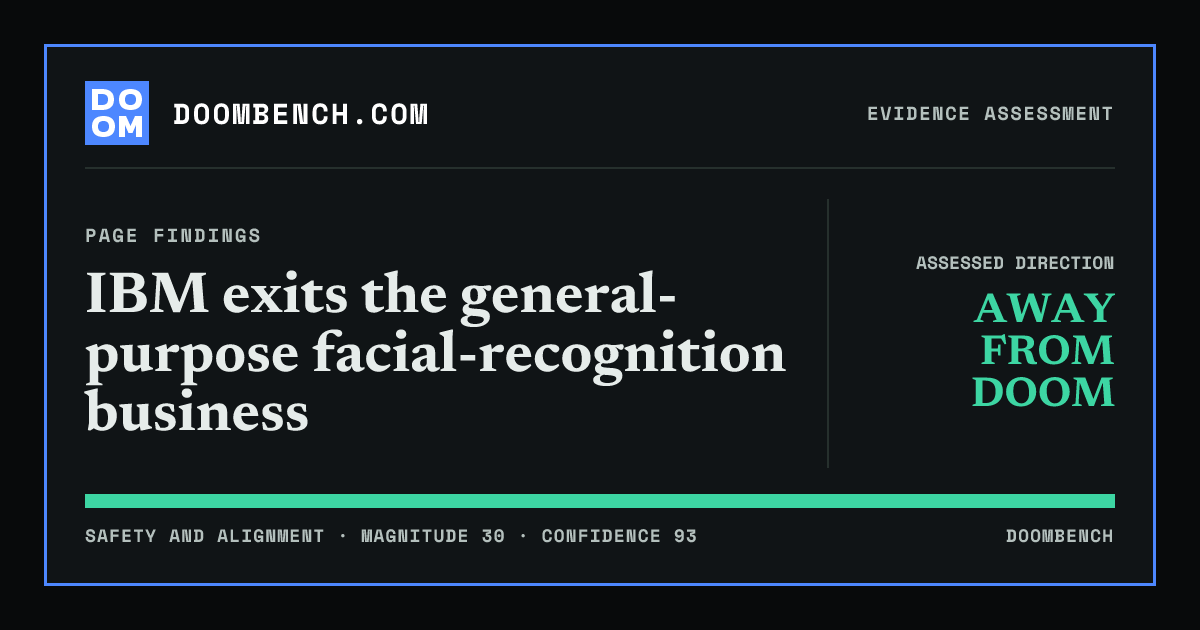 DoomBench social sharing card for IBM exits the general-purpose facial-recognition business.