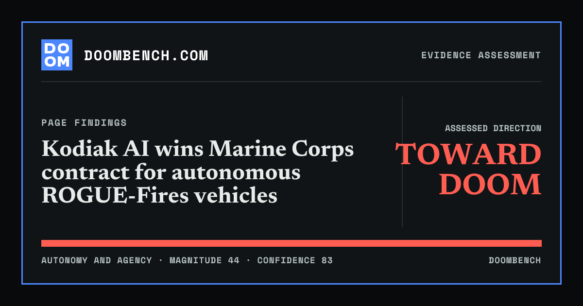 DoomBench social sharing card for Kodiak AI wins Marine Corps contract for autonomous ROGUE-Fires vehicles.