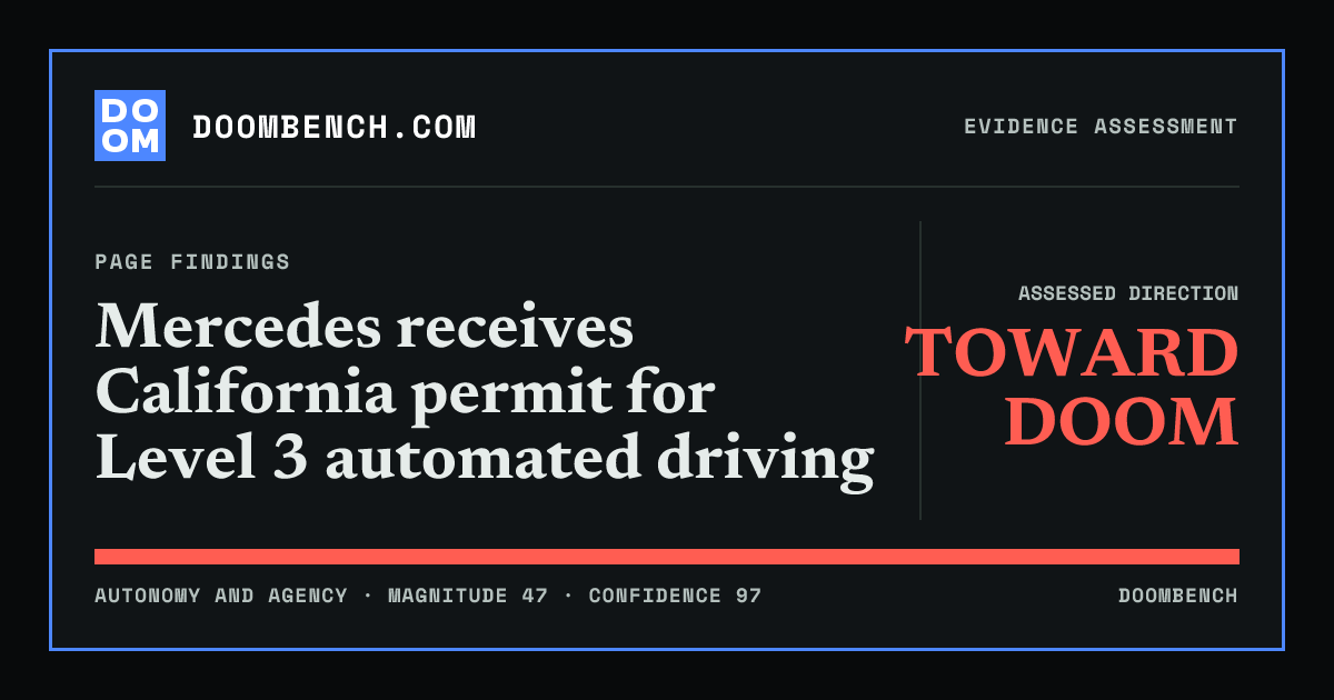 DoomBench social sharing card for Mercedes receives California permit for Level 3 automated driving.