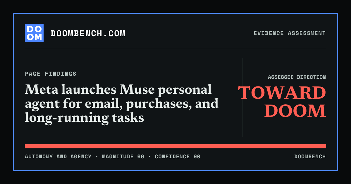 DoomBench social sharing card for Meta launches Muse personal agent for email, purchases, and long-running tasks.