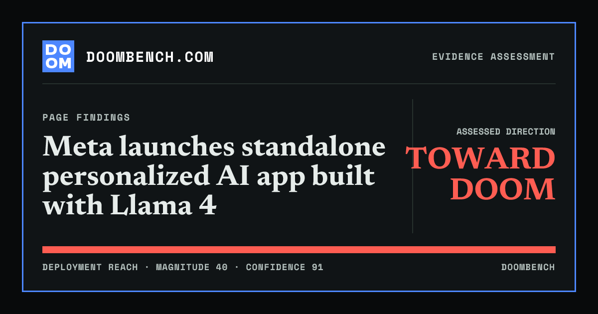 DoomBench social sharing card for Meta launches standalone personalized AI app built with Llama 4.