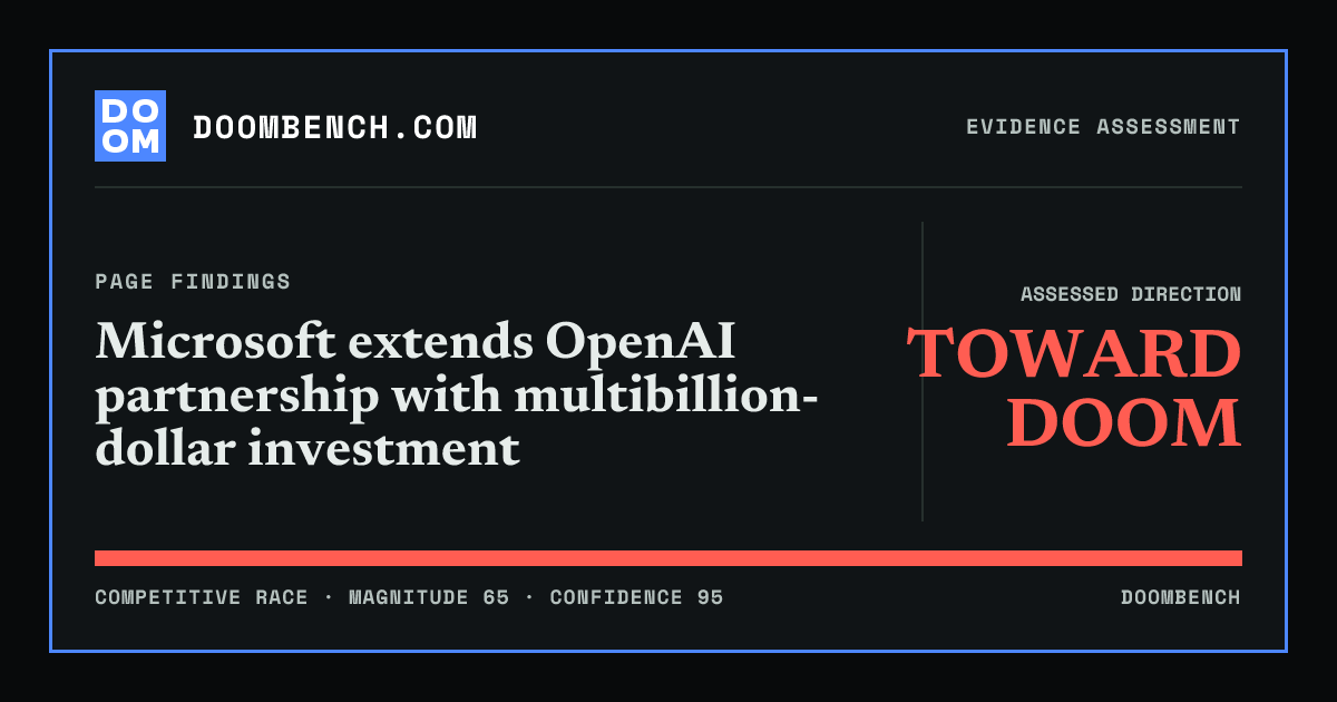 DoomBench social sharing card for Microsoft extends OpenAI partnership with multibillion-dollar investment.