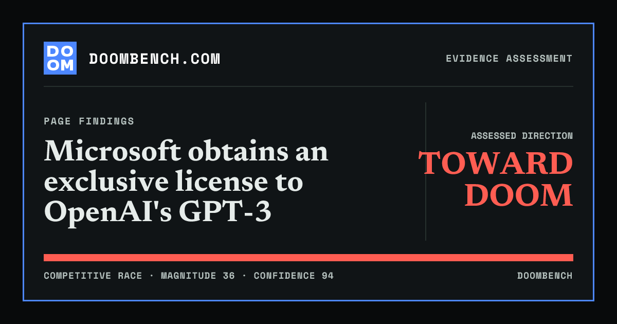DoomBench social sharing card for Microsoft obtains an exclusive license to OpenAI's GPT-3.