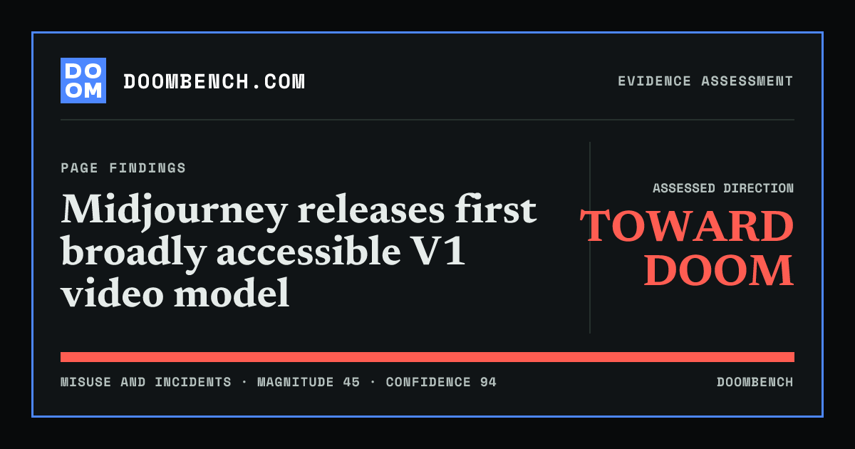 DoomBench social sharing card for Midjourney releases first broadly accessible V1 video model.