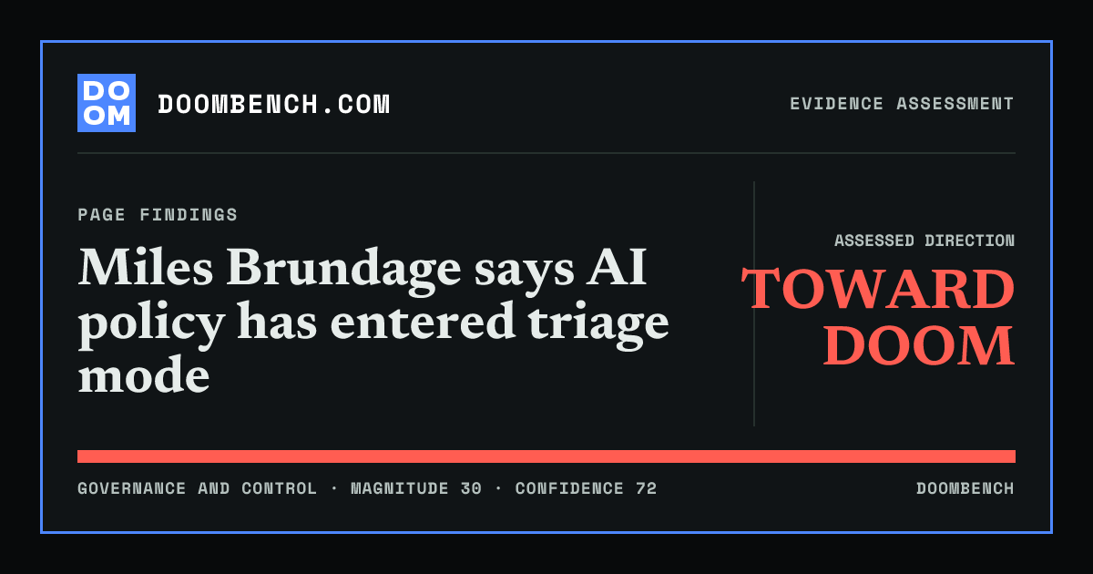 DoomBench social sharing card for Miles Brundage says AI policy has entered triage mode.