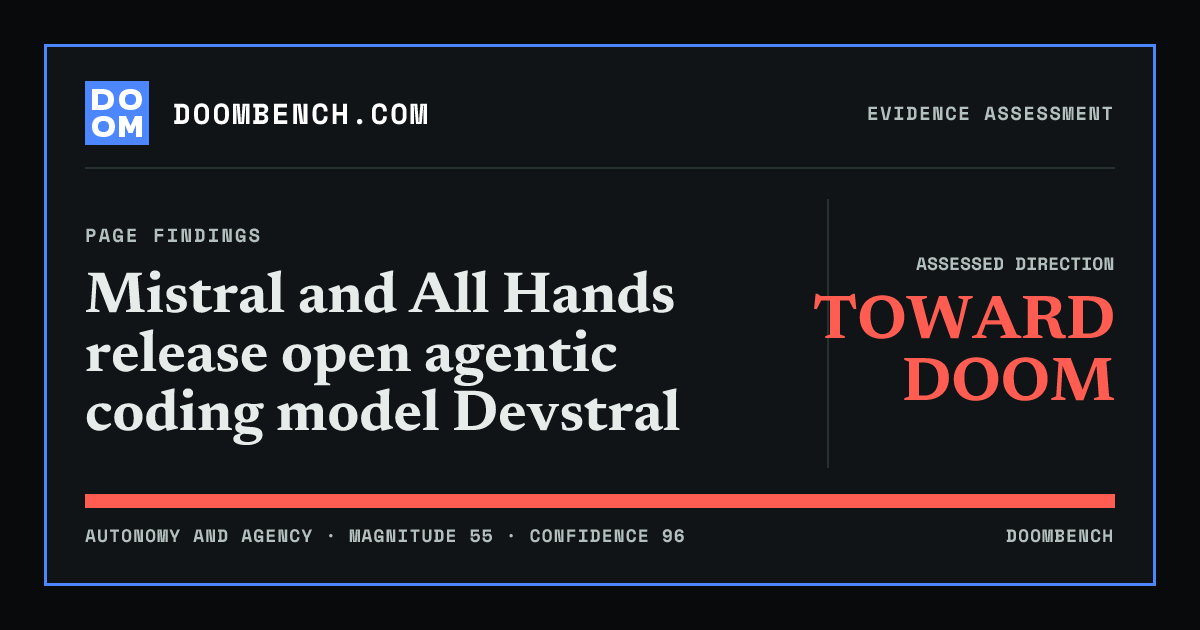 DoomBench social sharing card for Mistral and All Hands release open agentic coding model Devstral.