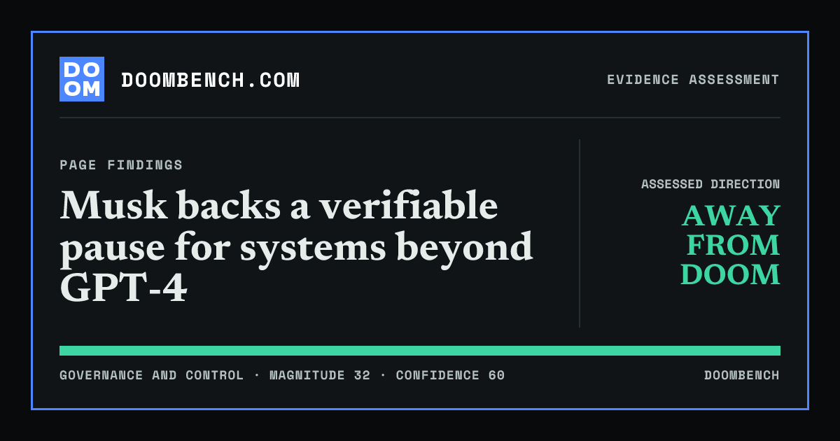 DoomBench social sharing card for Musk backs a verifiable pause for systems beyond GPT-4.