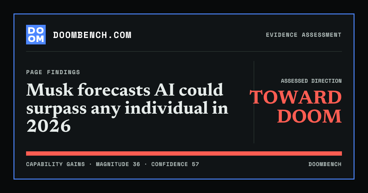 DoomBench social sharing card for Musk forecasts AI could surpass any individual in 2026.