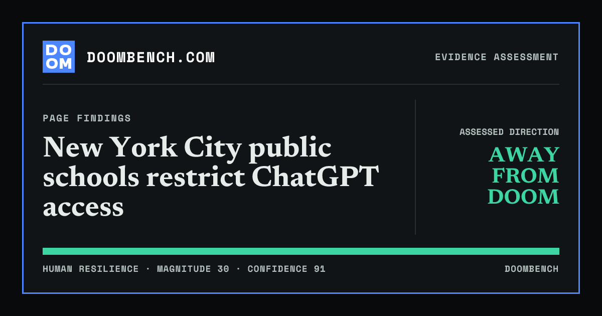 DoomBench social sharing card for New York City public schools restrict ChatGPT access.