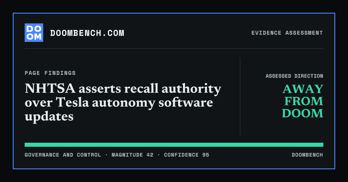 DoomBench social sharing card for NHTSA asserts recall authority over Tesla autonomy software updates.
